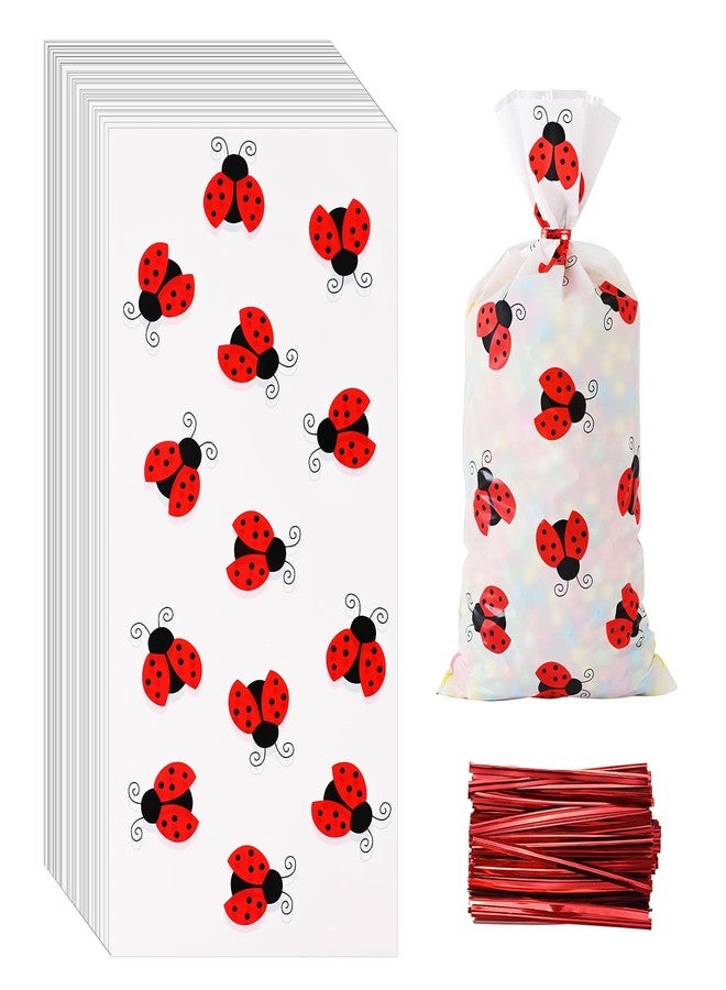 Lecpeting 100 Pcs Ladybug Treat Bags Ladybug Cellophane Candy Bags Ladybug Party Favor with Twist Ties for Theme Birthday Party Supplies - Image 1